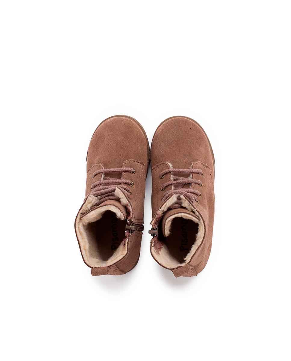 Botas Infantil em Pelo de Ovelha com Atacadores e Fecho Zip Lateral Taupe-5