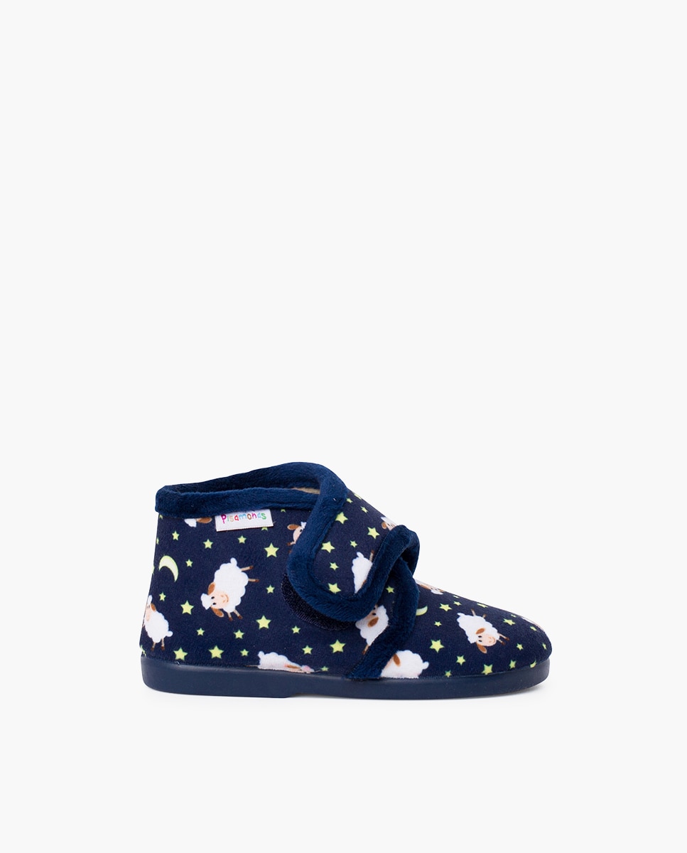 Pantufas Fechadas para Bebé com Velcro Estampadas Azul-marinho-1