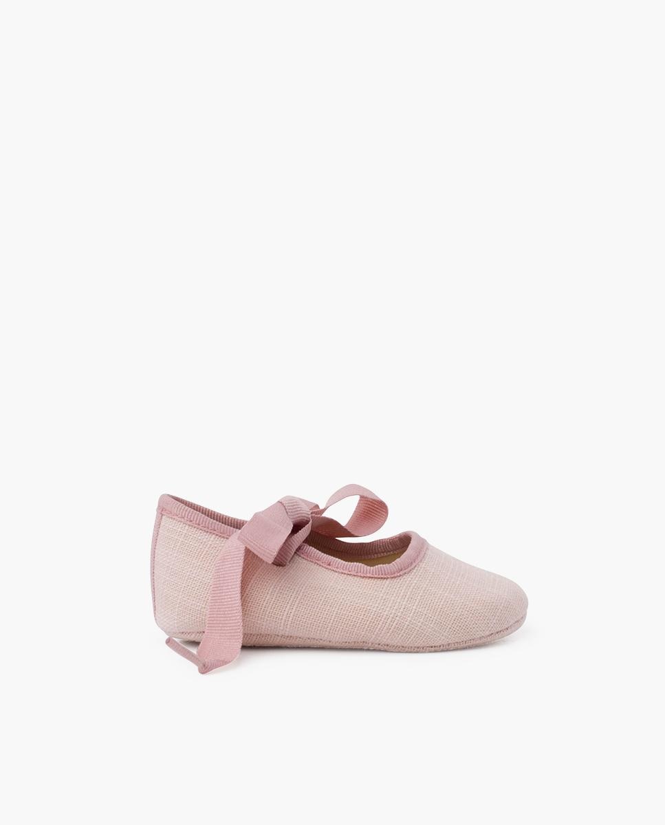 Merceditas de Bebé de Linho com Laço Rosa-1
