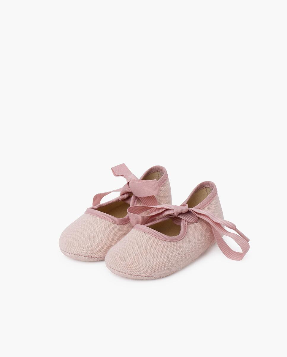 Merceditas de Bebé de Linho com Laço Rosa-3