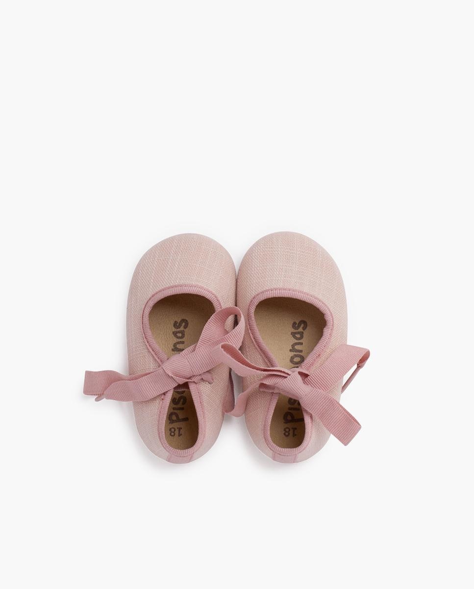 Merceditas de Bebé de Linho com Laço Pisamonas Rosa-4