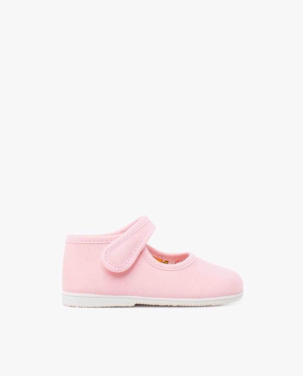 Merceditas de Bebé em Lona com Sola Fina e Tira Pisamonas Rosa-pastilha-1