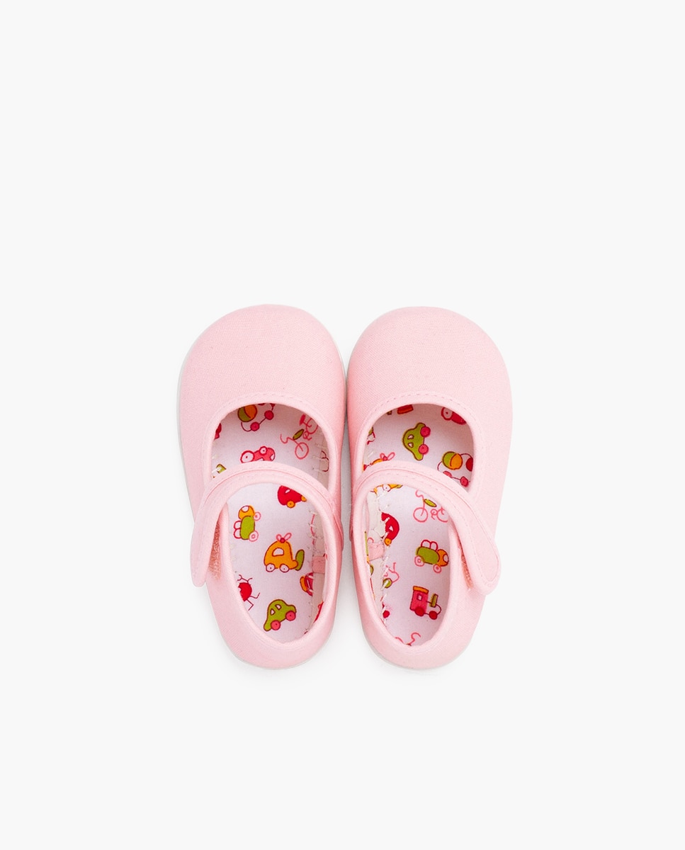Merceditas de Bebé em Lona com Sola Fina e Tira Rosa-pastilha-3