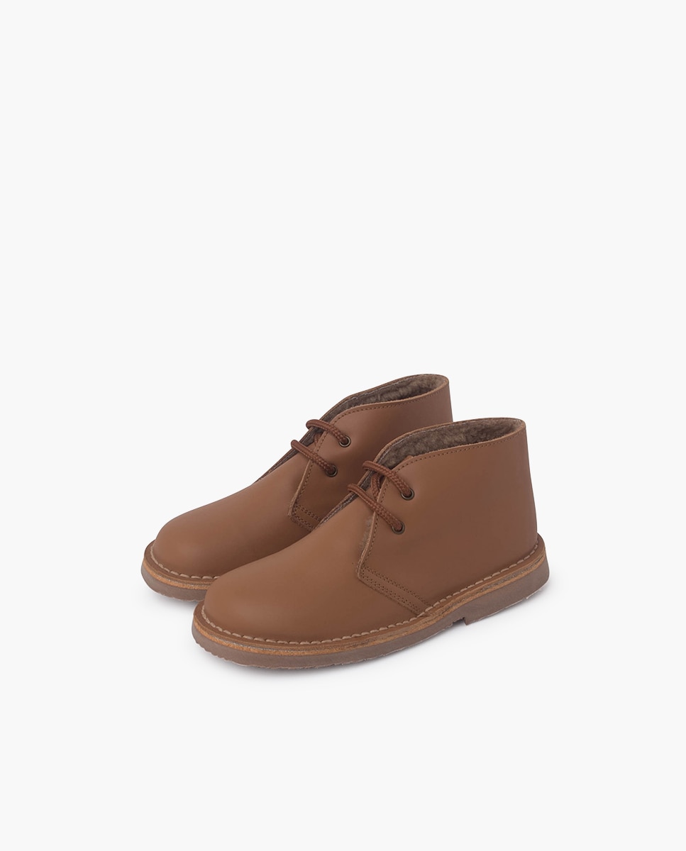 Botas Infantil de Pele com Cordões e Forro Tipo Pelo de Ovelha Pisamonas Camel-3