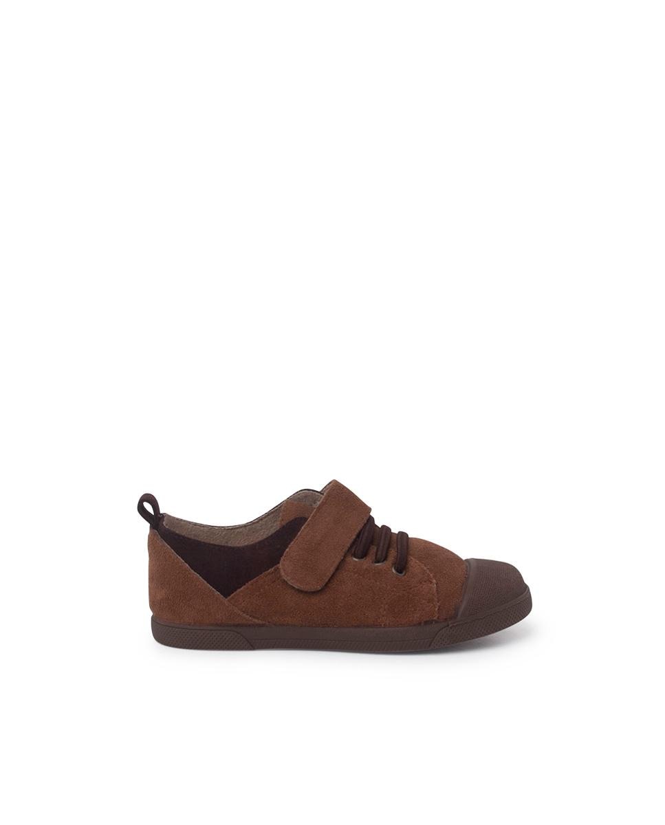 Sapatilhas de Pele Infantil com Velcro e Atacadores Elásticos Pisamonas Camel-1