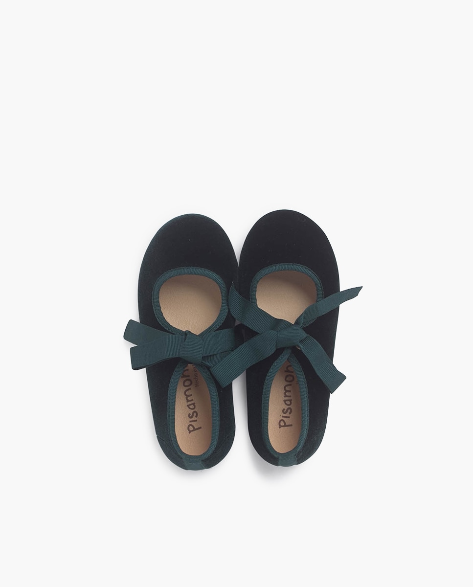 Sapatos de Presilha em Veludo com Laço de Faia Pisamonas Verde-escuro-4