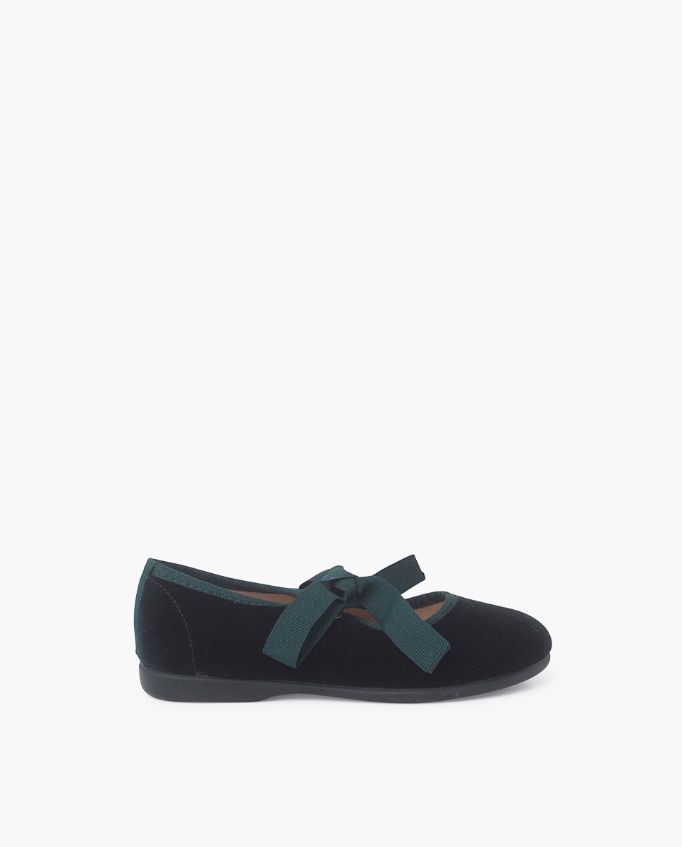 Sapatos de Presilha em Veludo com Laço de Faia Verde-escuro-1