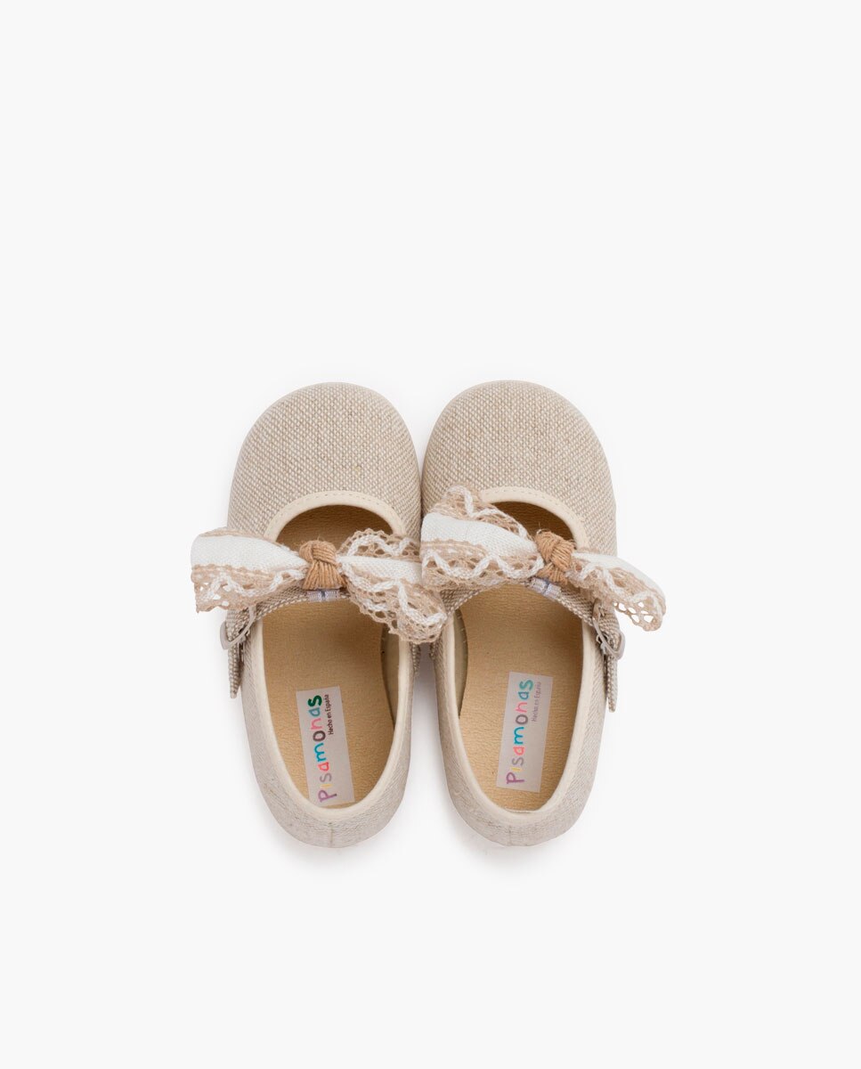 Sapatos de Presilha Infantil de Cerimónia com Laço e Renda Cru-4