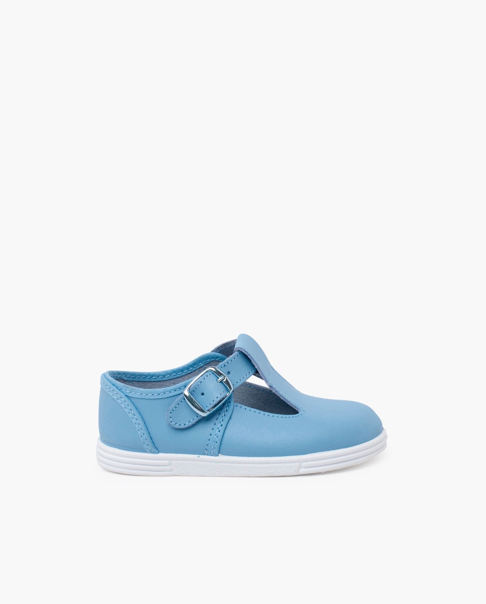 Sapatos de Presilha para Bebé em Pele Lavável com Fivela Azul-celeste-1