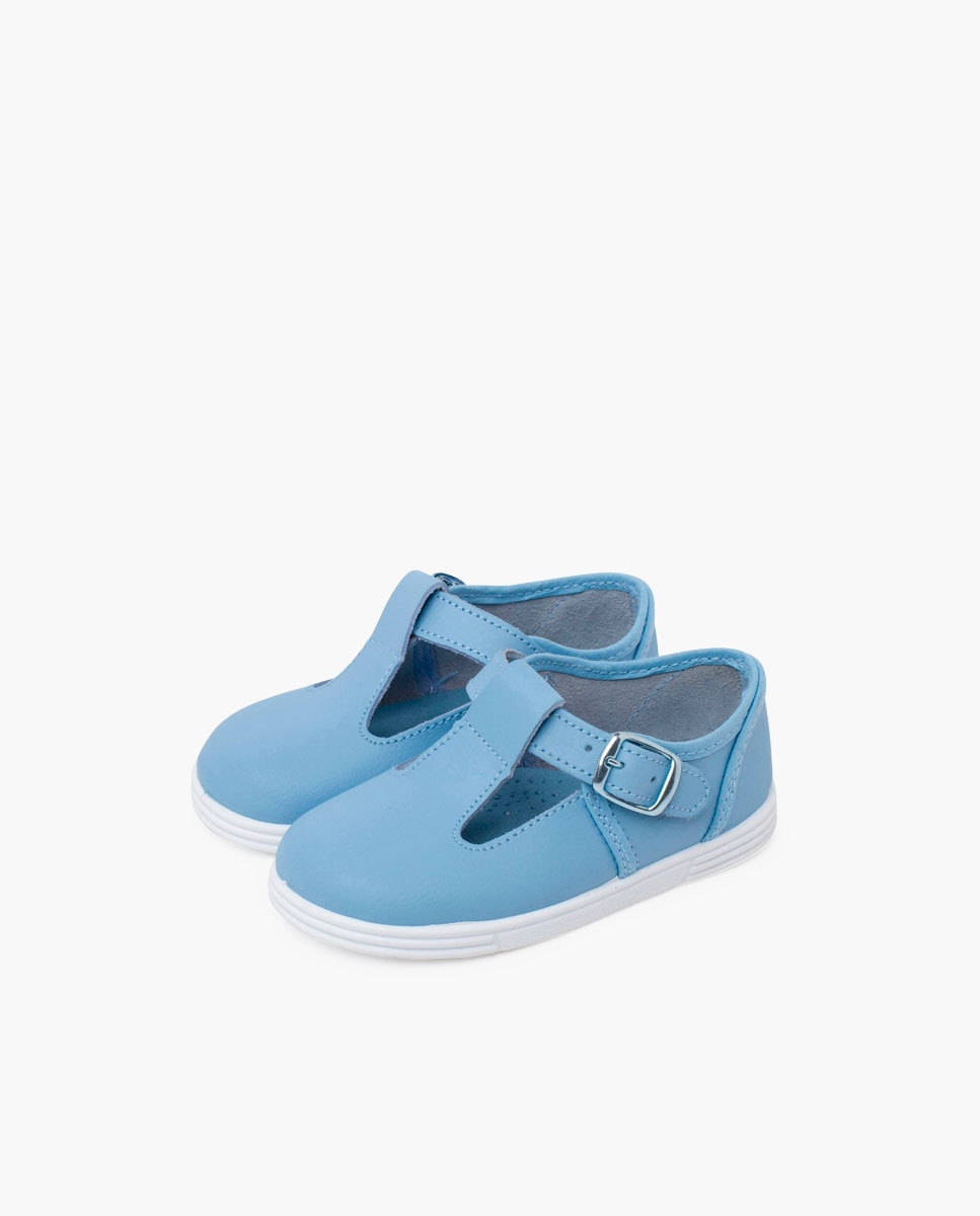 Sapatos de Presilha para Bebé em Pele Lavável com Fivela Azul-celeste-3
