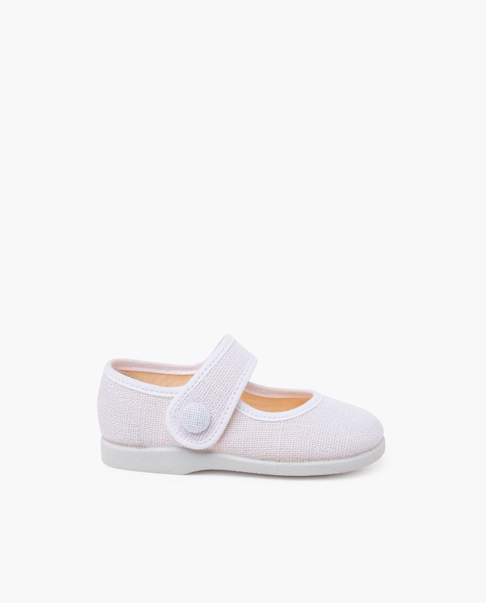 Merceditas de Bebé Lino Adorno Botão Pisamonas Branco-1
