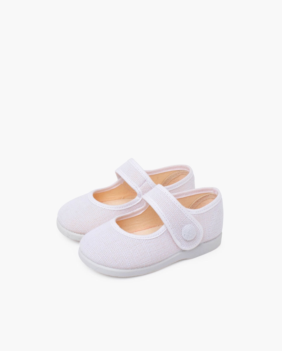 Merceditas de Bebé Lino Adorno Botão Pisamonas Branco-3