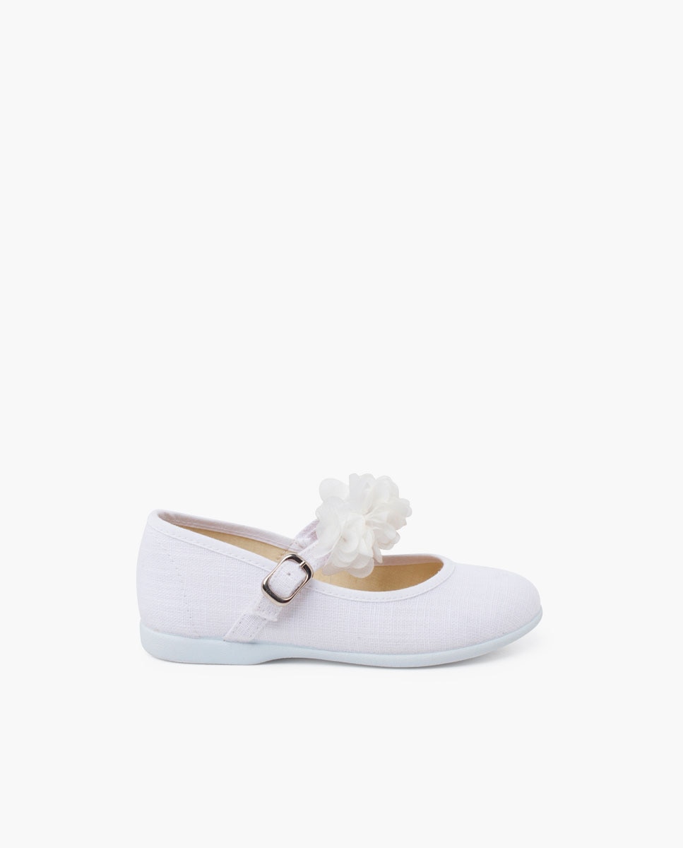 Merceditas Infantil de Cerimónia com Tira de Flores Pisamonas Branco-1