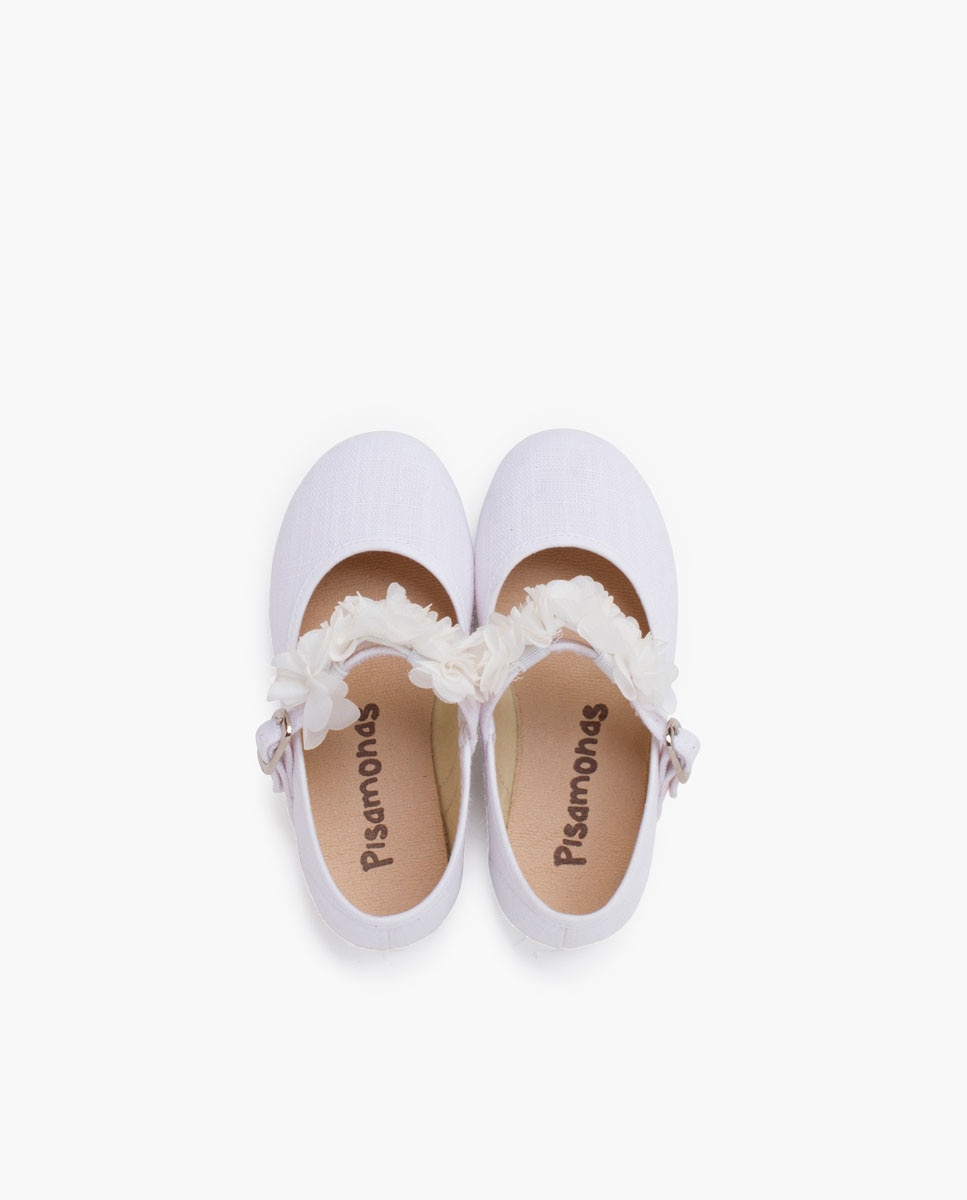 Merceditas Infantil de Cerimónia com Tira de Flores Pisamonas Branco-4