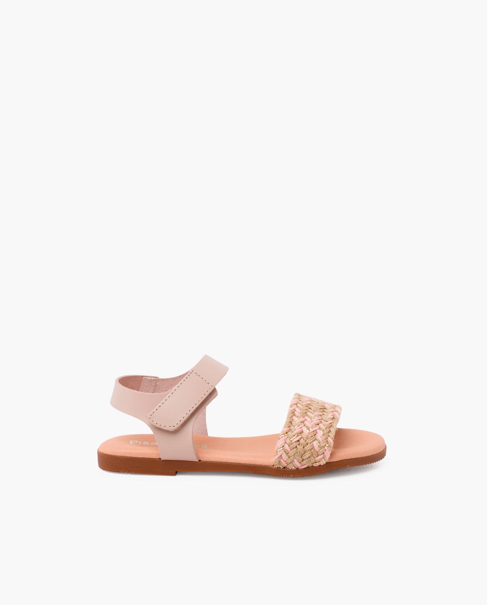 Sandálias Abertas Infantil de Peito Do Pé em Juta e Tira Velcro Pisamonas Rosa-1