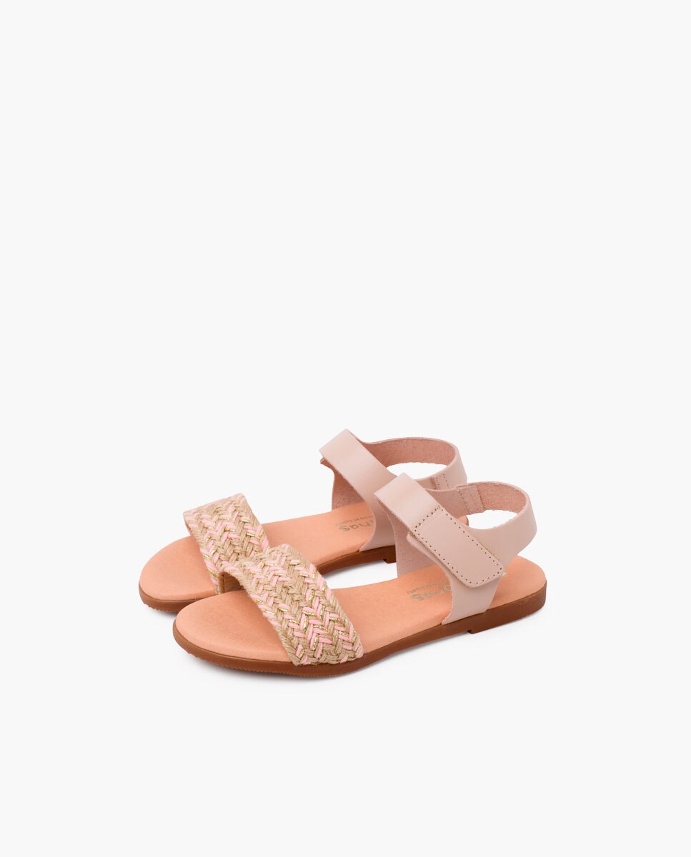 Sandálias Abertas Infantil de Peito Do Pé em Juta e Tira Velcro Pisamonas Rosa-3