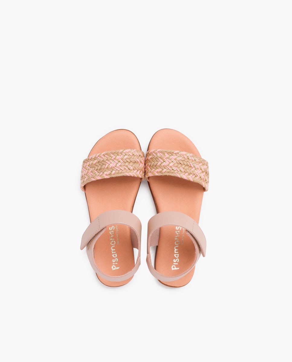 Sandálias Abertas Infantil de Peito Do Pé em Juta e Tira Velcro Pisamonas Rosa-4