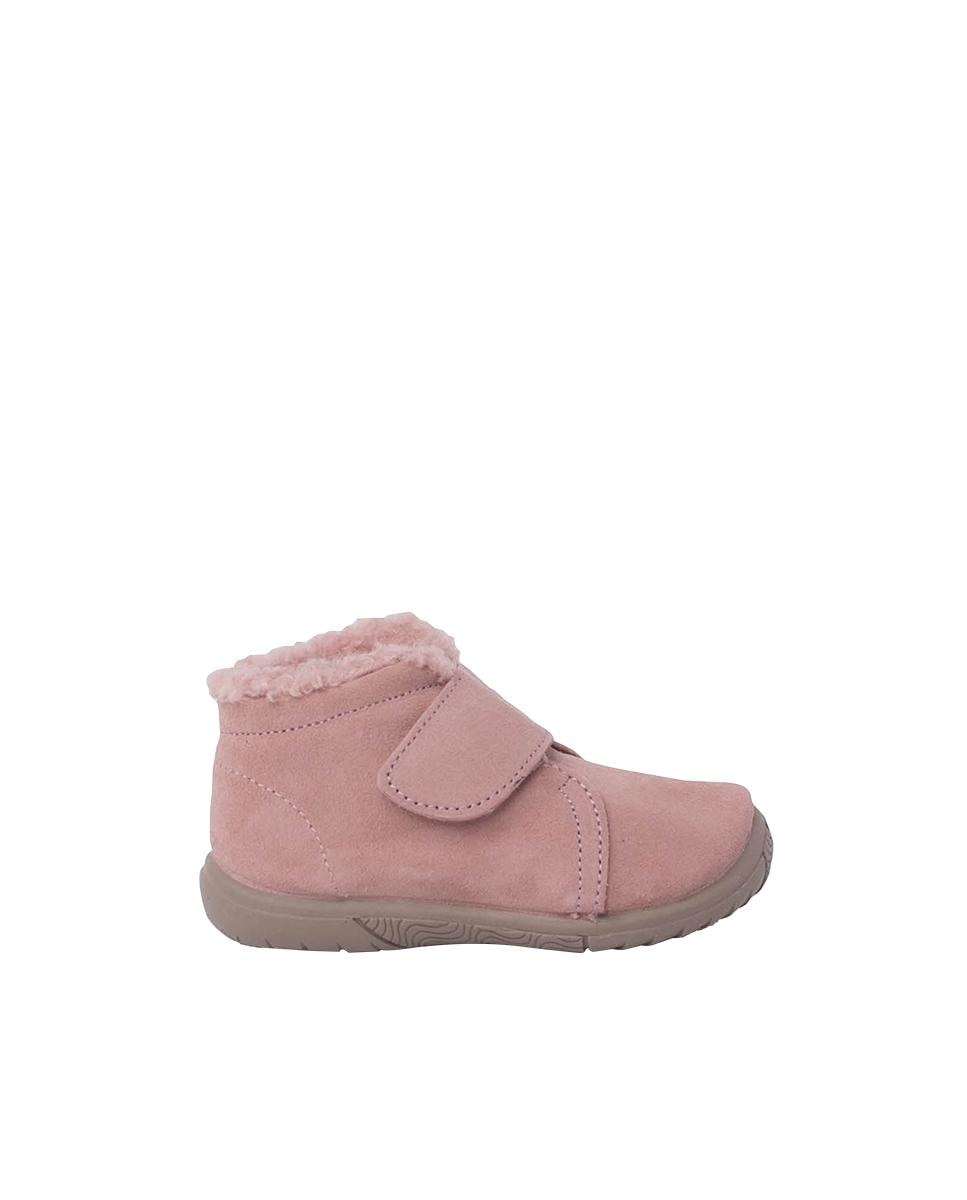 Botas Infantil de Gola Tipo Pelo de Ovelha e Tira Pisamonas Rosa-1