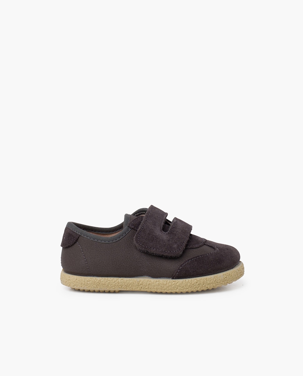 Sapatilhas de Lona Infantil de Couro Vegano com Velcro Cinzento-escuro-1