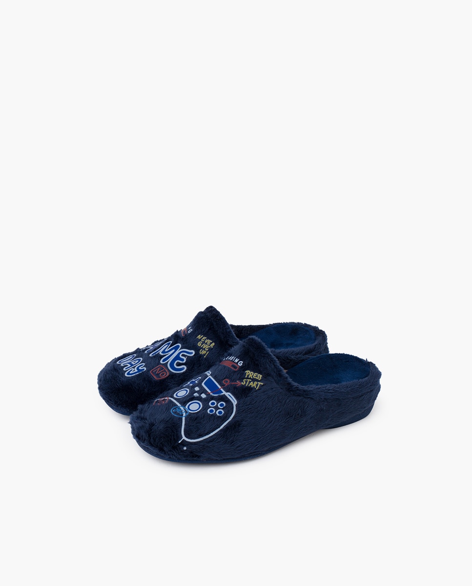 Pantufas Abertas Infantil Tipo Socas com Desenhos Gaming Azul-marinho-3