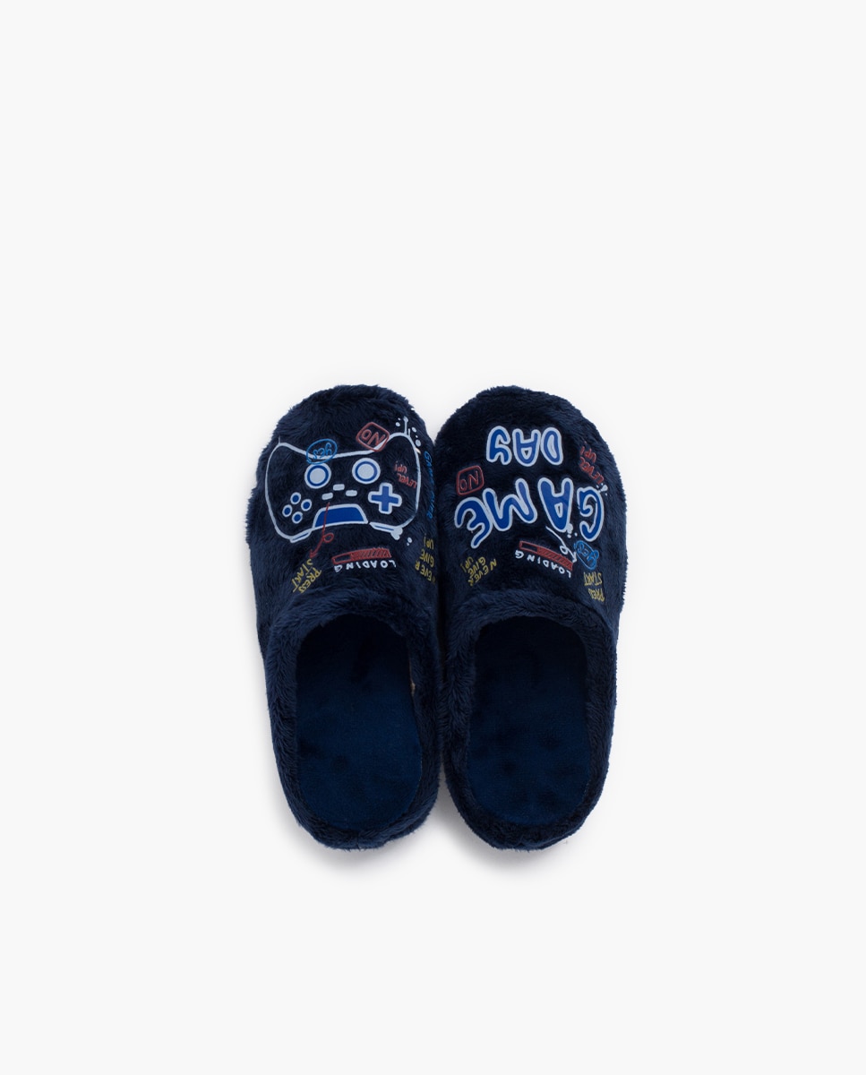 Pantufas Abertas Infantil Tipo Socas com Desenhos Gaming Azul-marinho-4