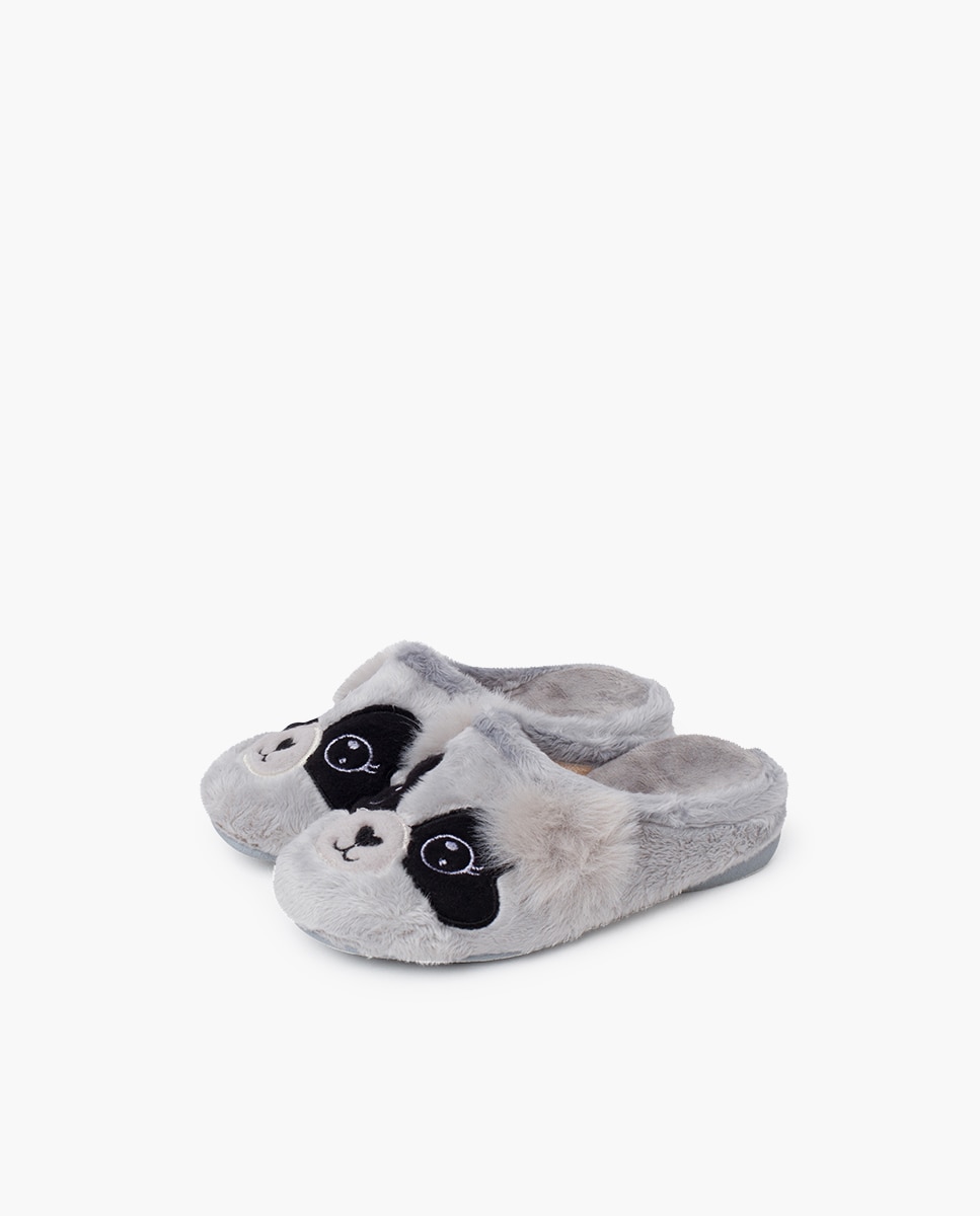 Pantufas Abertas Infantil Tipo Socas com Desenhos de Panda Cinzento-3