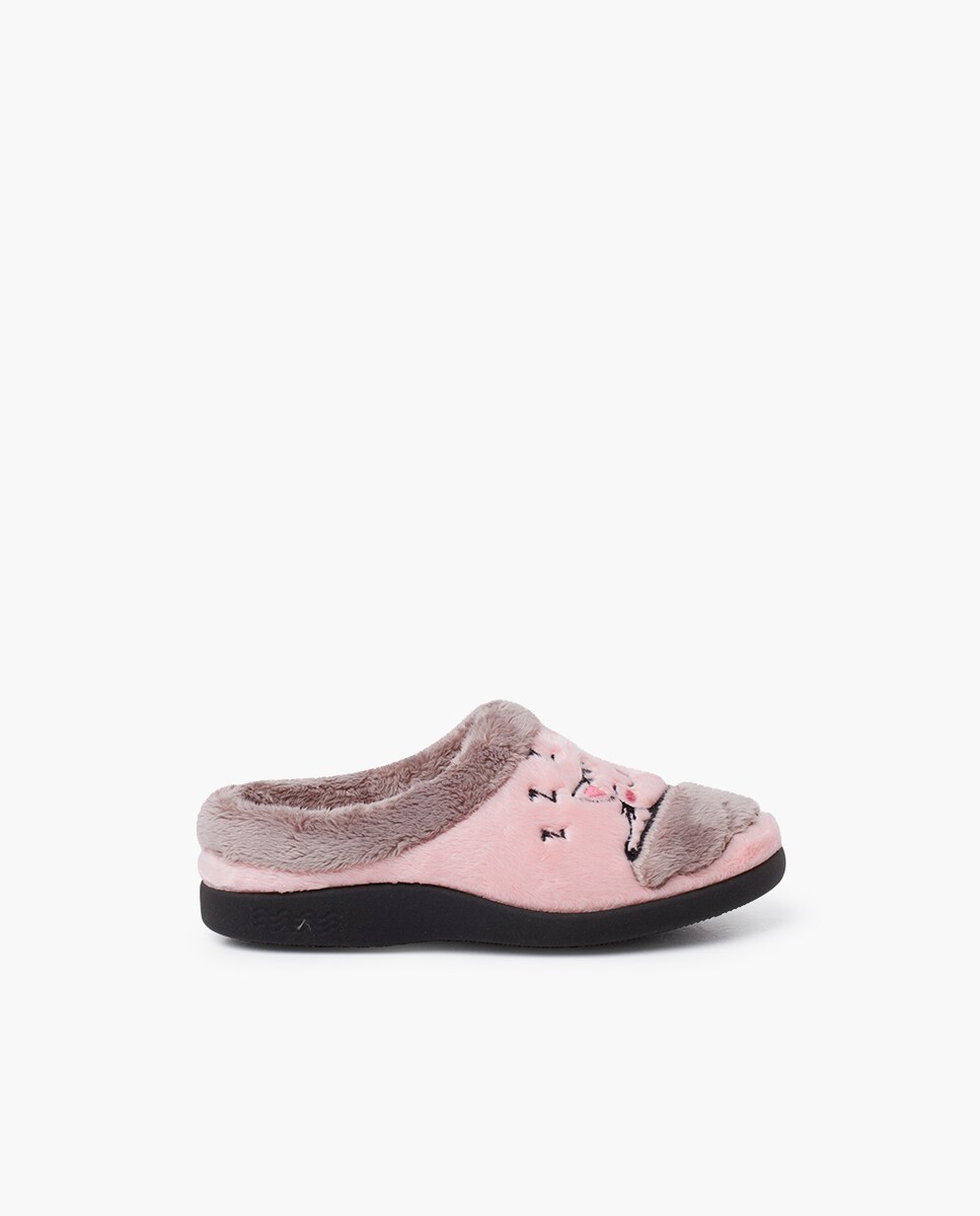 Pantufas de Quarto Abertas Bicolor com Desenho de Gato Rosa-1
