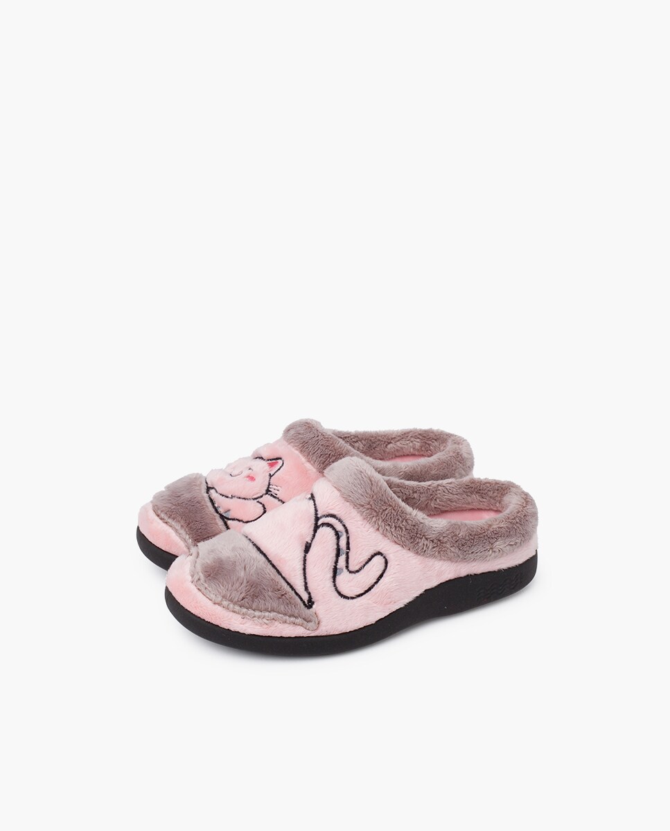 Pantufas de Quarto Abertas Bicolor com Desenho de Gato Rosa-3