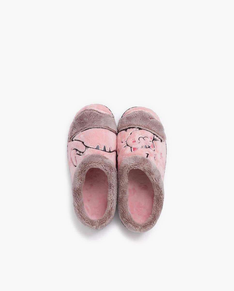 Pantufas de Quarto Abertas Bicolor com Desenho de Gato Rosa-4