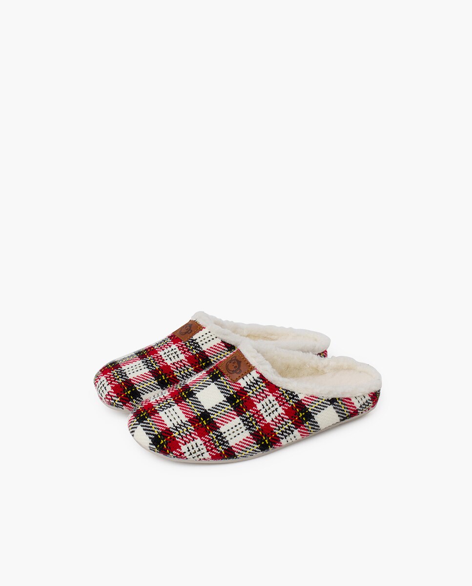 Pantufas Abertas Infantil de Lã Pura Aos Quadrados Pisamonas Vermelho / Branco-3