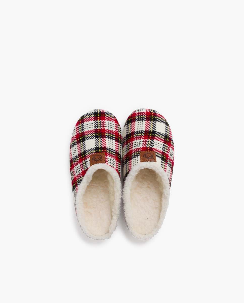 Pantufas Abertas Infantil de Lã Pura Aos Quadrados Pisamonas Vermelho / Branco-4