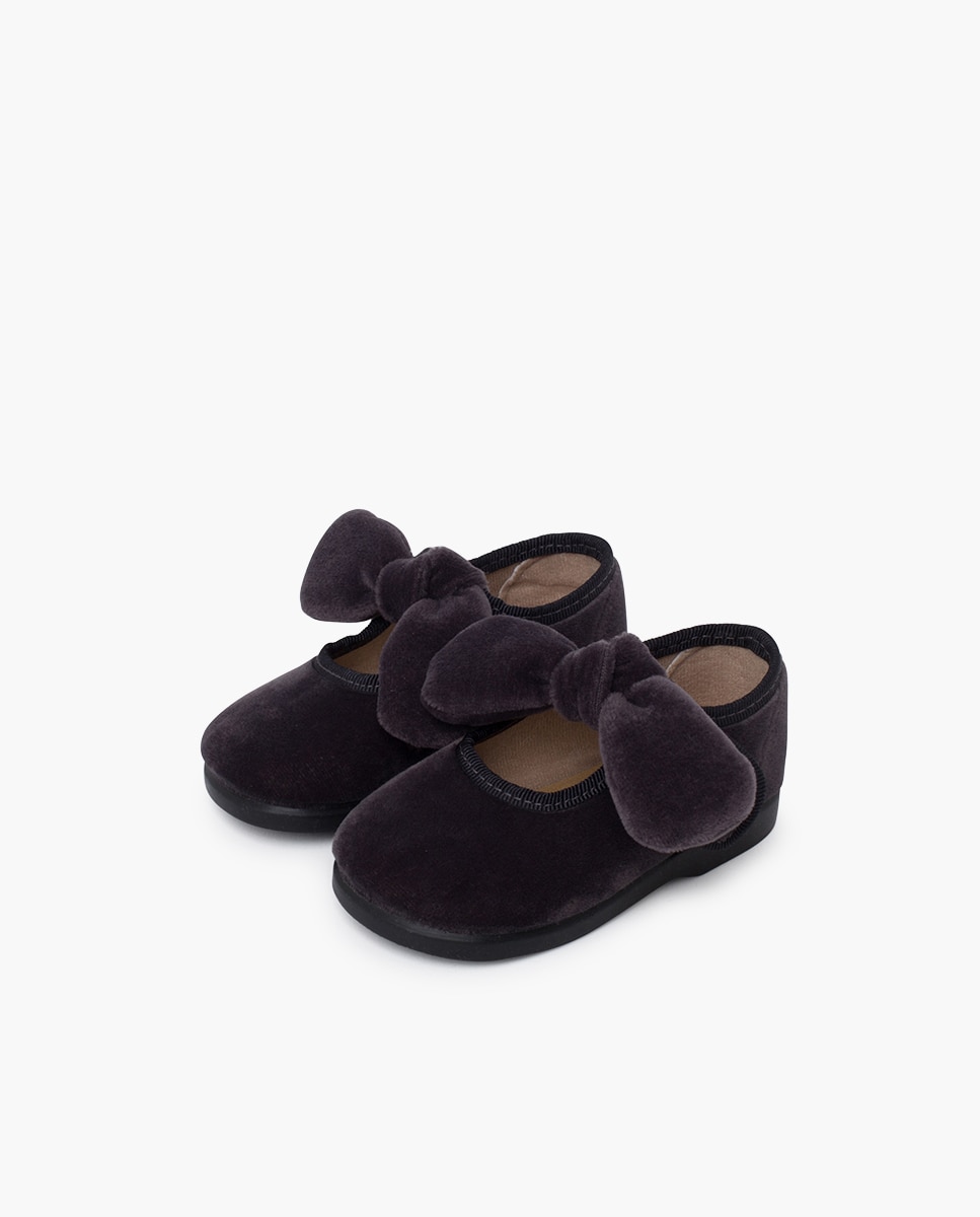 Merceditas para Bebé com Laço de Veludo e Fecho Pisamonas Cinzento-escuro-3