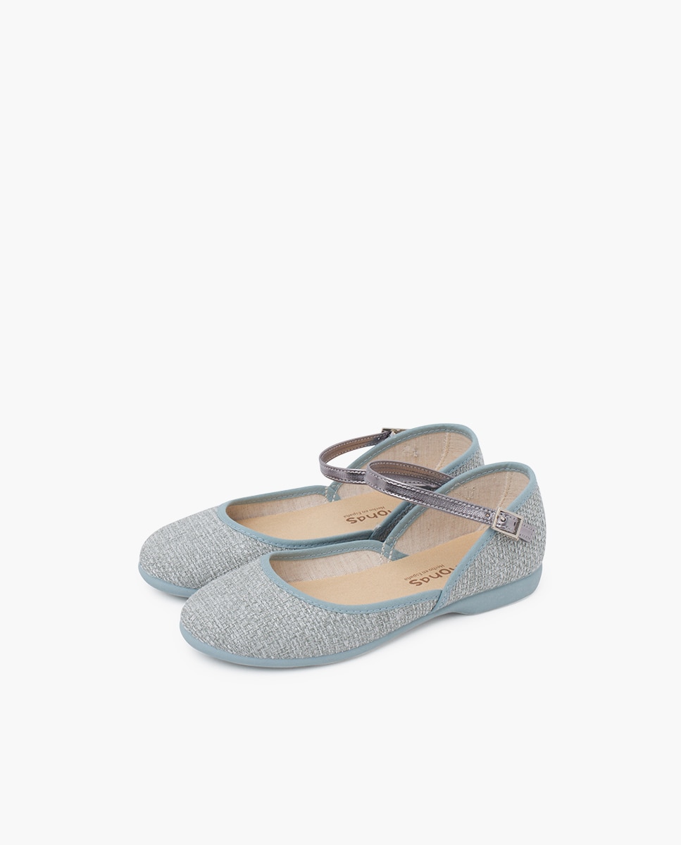 Merceditas Infantil de Tipo Linho com Pulseira Metalizada e Decotada Pisamonas Azul-claro-3