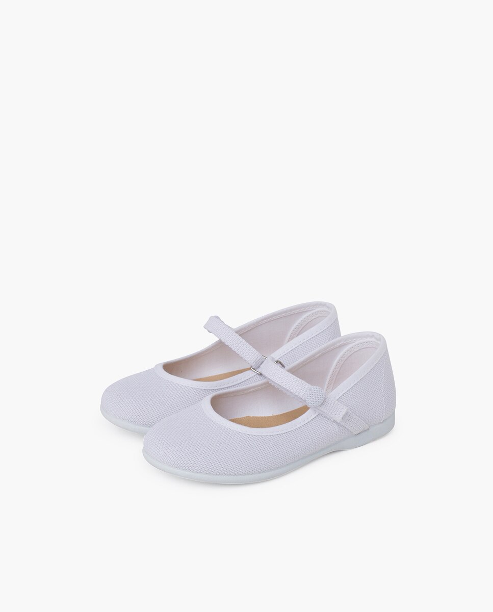 Merceditas Infantil de Linho com Velcro e Botão Pisamonas Branco-3