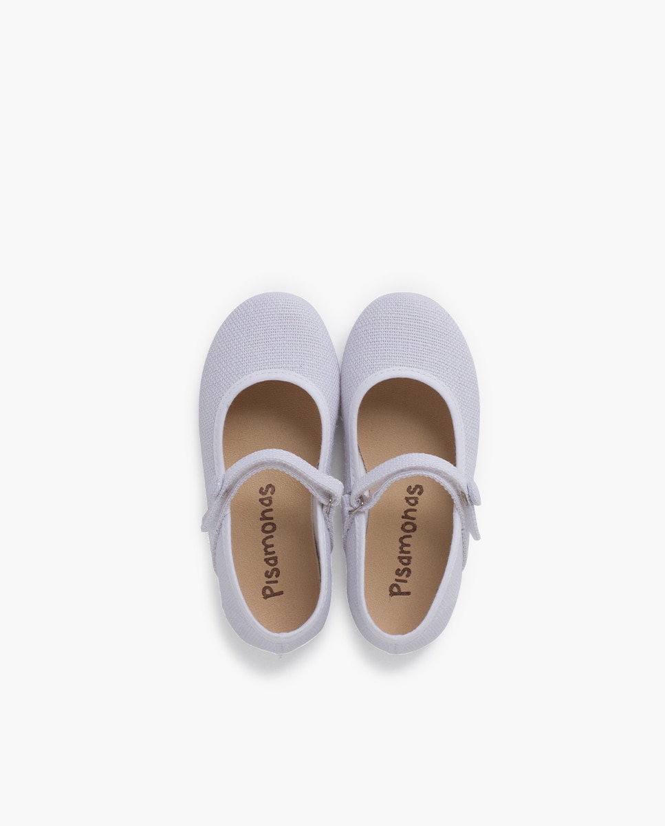 Merceditas Infantil de Linho com Velcro e Botão Pisamonas Branco-4