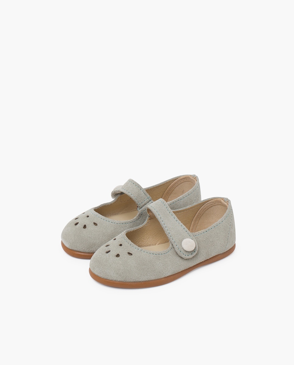 Merceditas de Bebé Perfuradas com Velcro e Botão Pisamonas Cinzento-claro-3