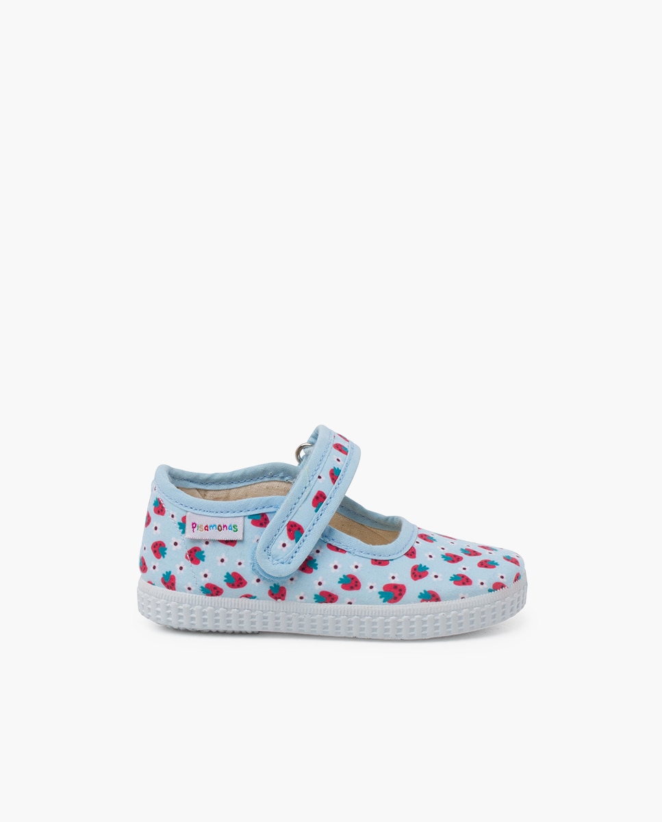 Merceditas Infantil com Estampado de Morangos e Velcro Pisamonas Celeste-1