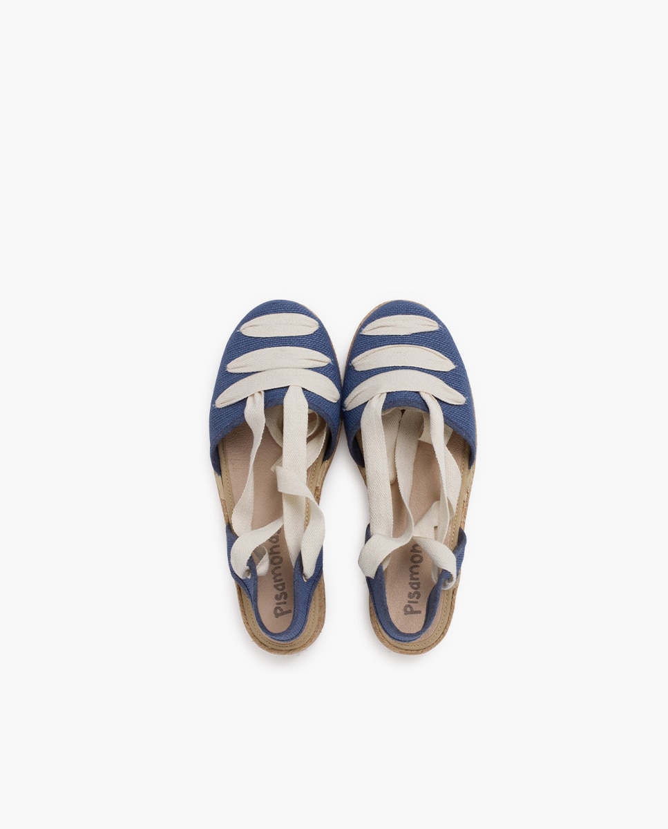 Alpercatas Infantil de Linho Goyescas com Tiras em Cru e Cunha Pisamonas Azul / Branco-4