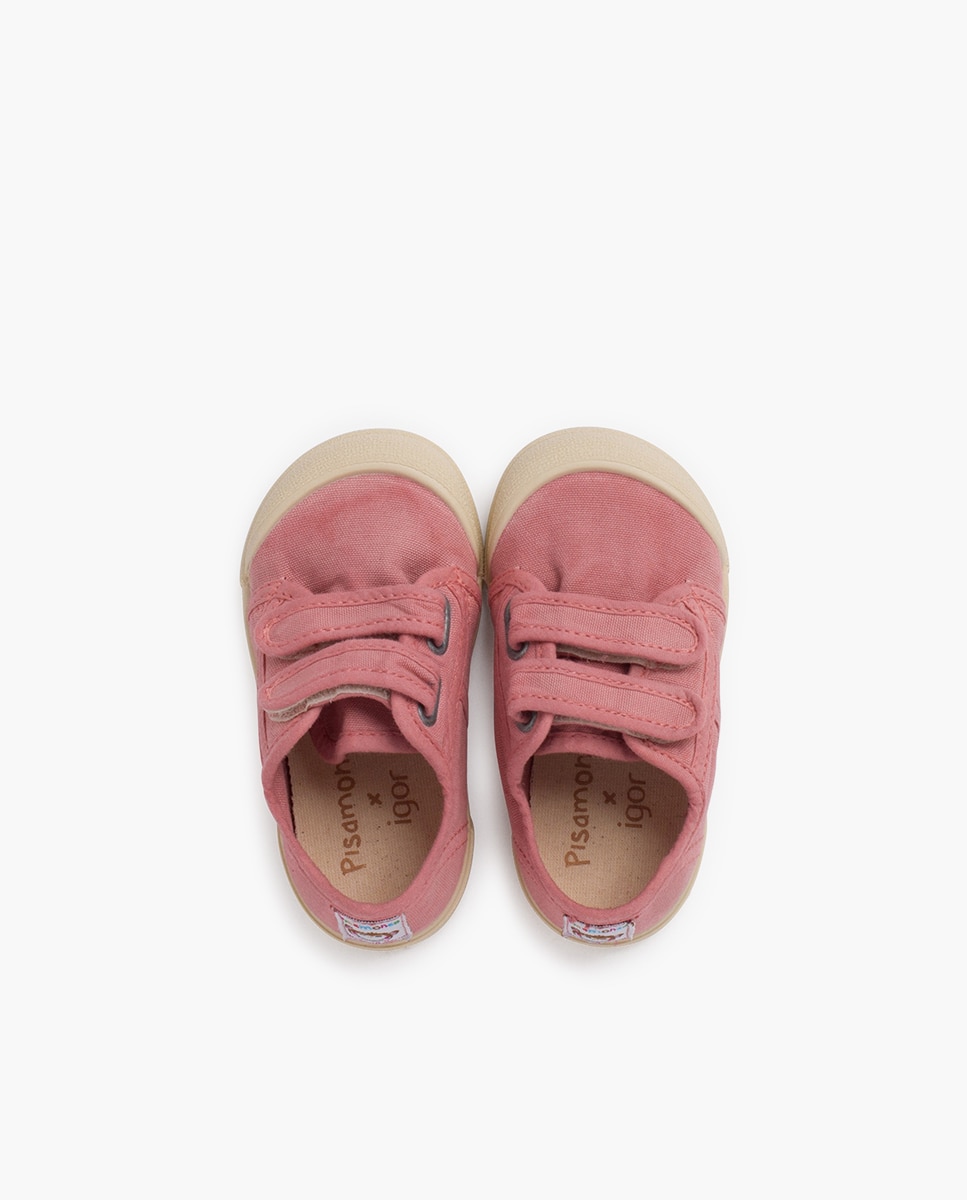 Sapatilhas de Lona Infantil Biqueira Barefoot com Velcro Pisamonas Rosa-claro-4