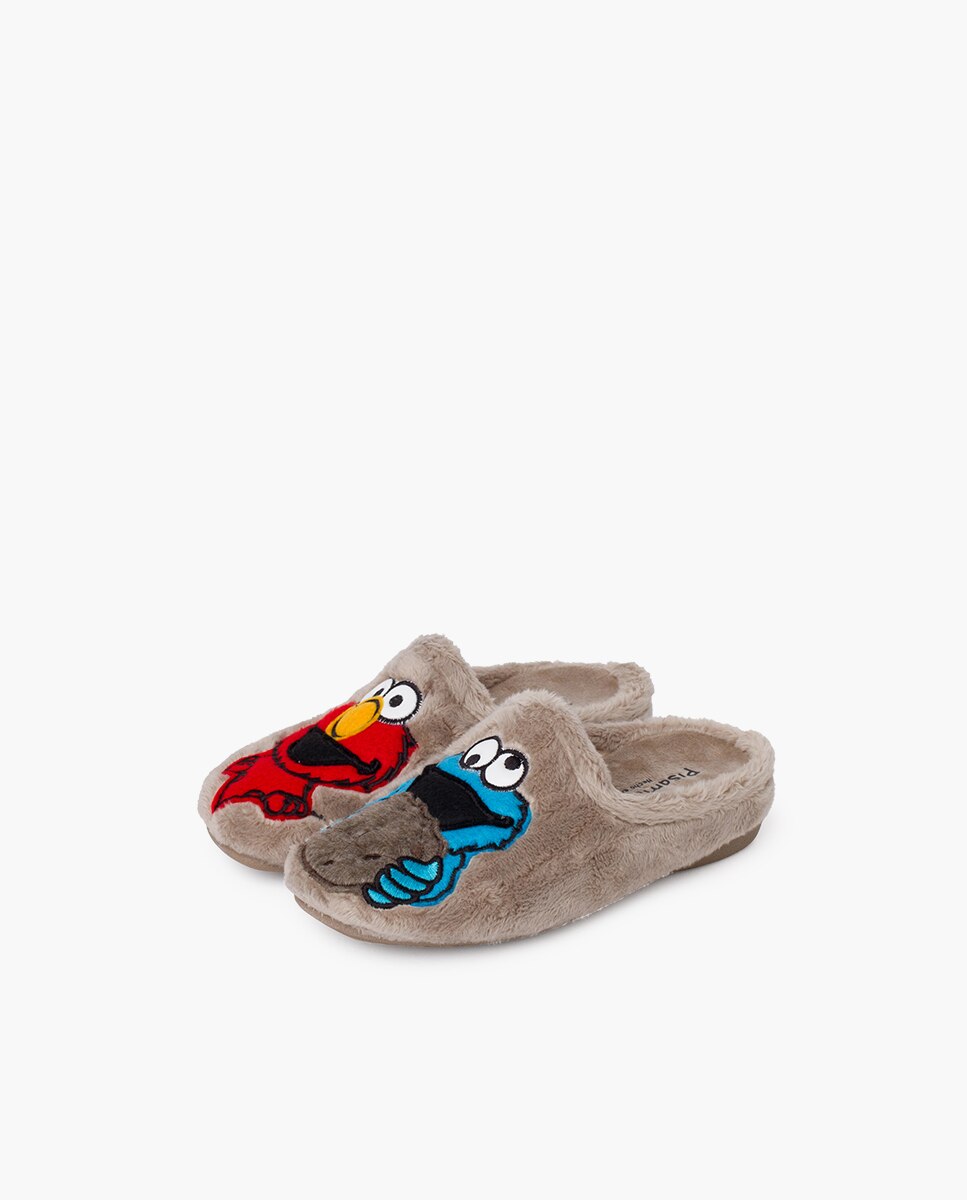 Pantufas Abertas Infantil Monstro Bolachas com Palmilha Acolchoada Pisamonas Taupe-3