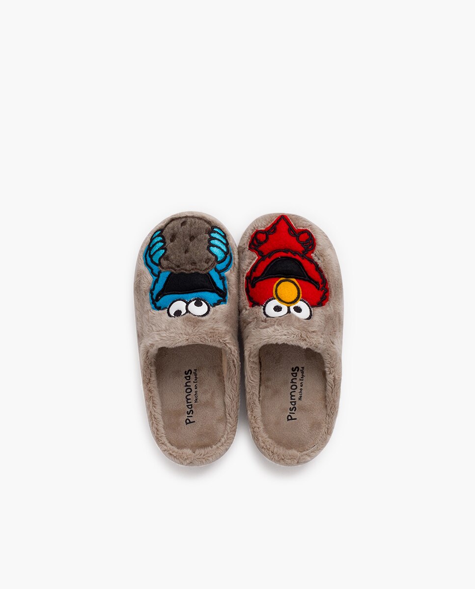 Pantufas Abertas Infantil Monstro Bolachas com Palmilha Acolchoada Pisamonas Taupe-4