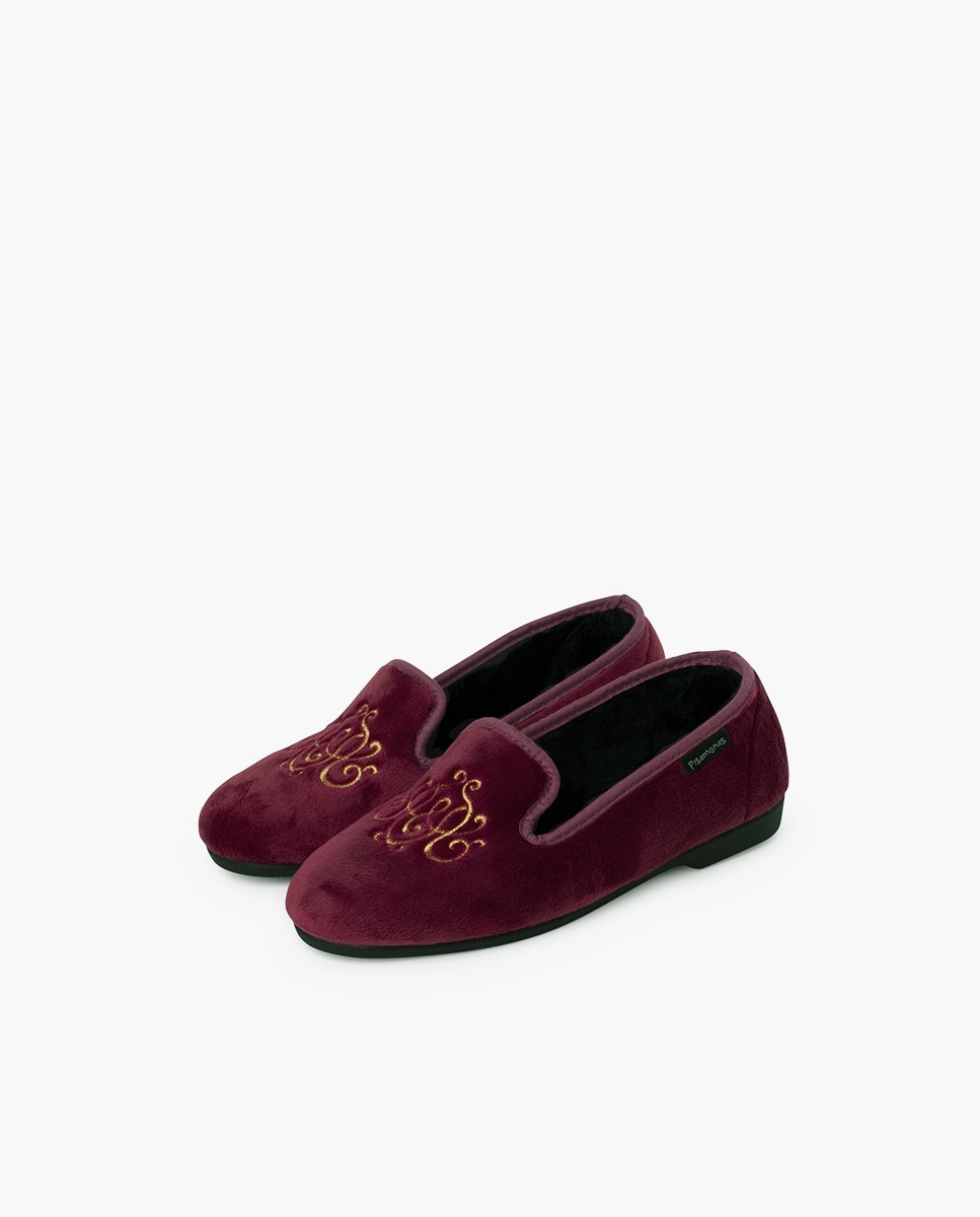 Pantufas Fechadas Infantil de Veludo com Bordado Bordeaux-3