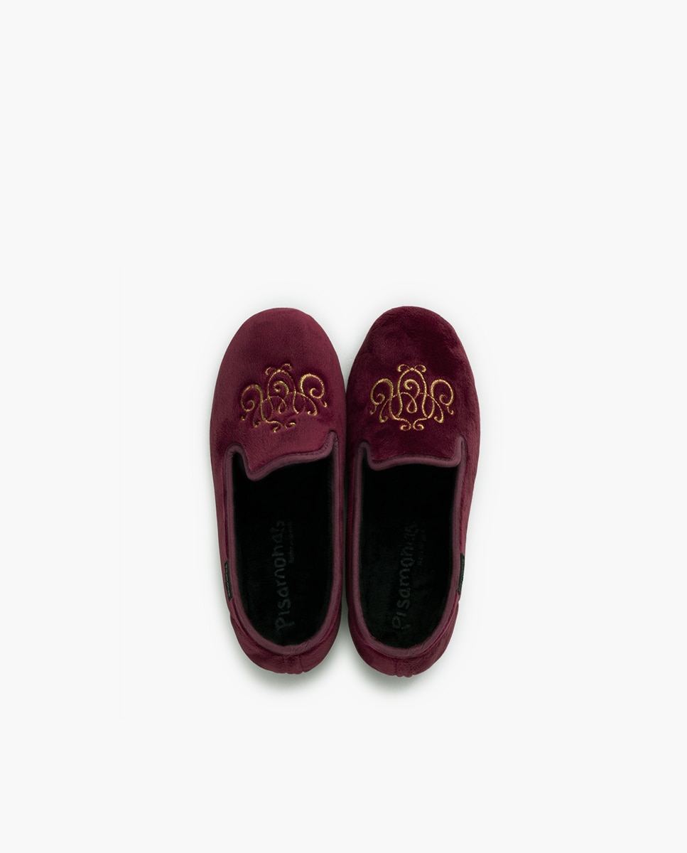 Pantufas Fechadas Infantil de Veludo com Bordado Bordeaux-4