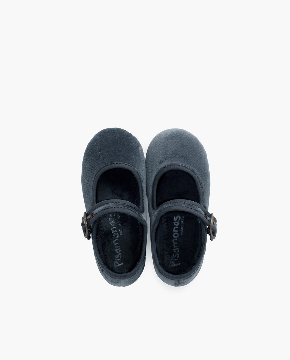 Sapatos de Presilha Infantil em Veludo com Fivela em Ouro Velho Cinzento-escuro-4