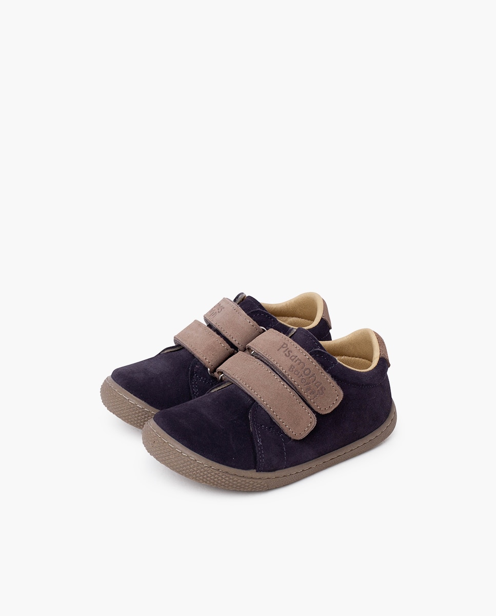 Sapatilhas de Pele Infantil Barefoot de Camurça com Velcro Duplo Pisamonas Azul-marinho-3