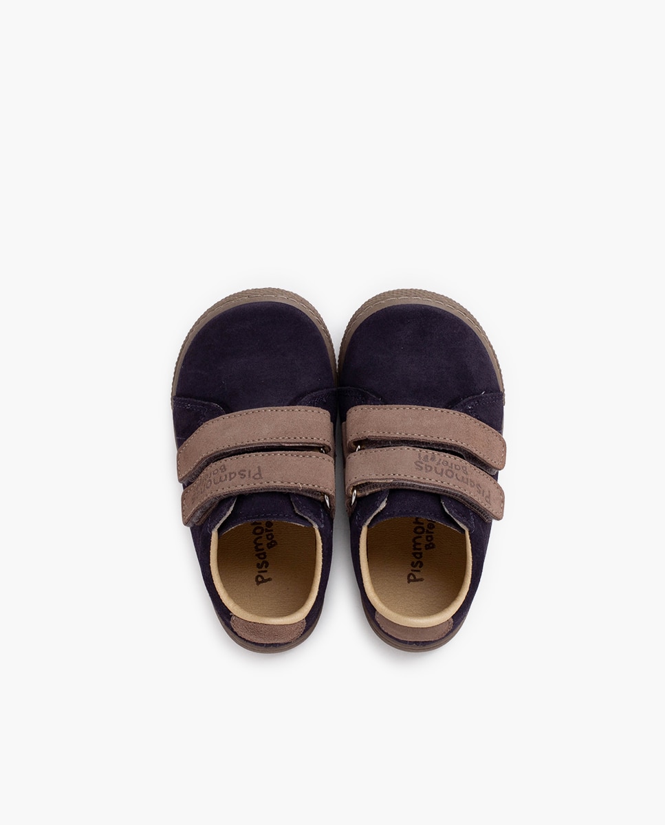 Sapatilhas de Pele Infantil Barefoot de Camurça com Velcro Duplo Pisamonas Azul-marinho-4