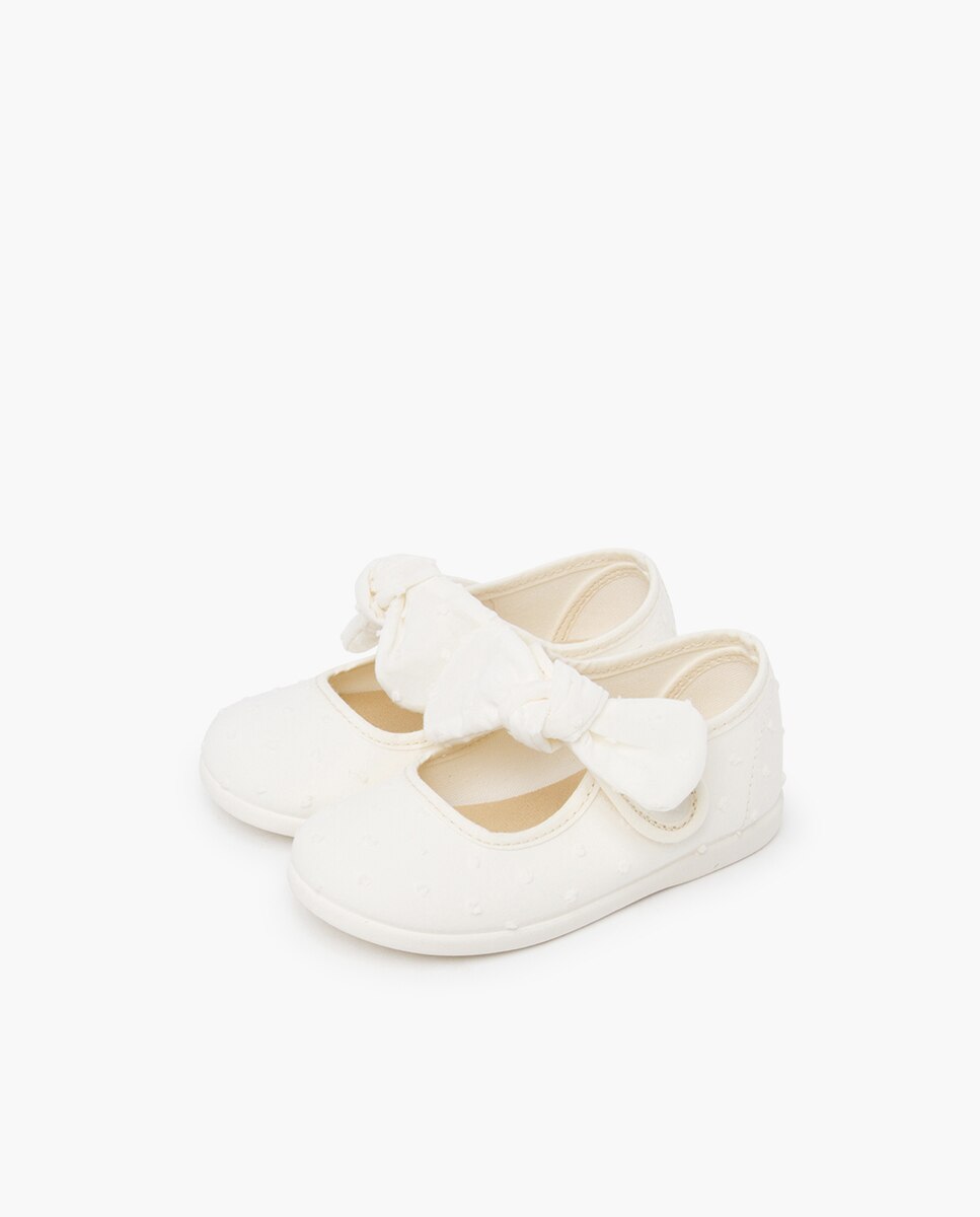 Merceditas de Bebé Plumeti com Velcro e Laço Cru-3