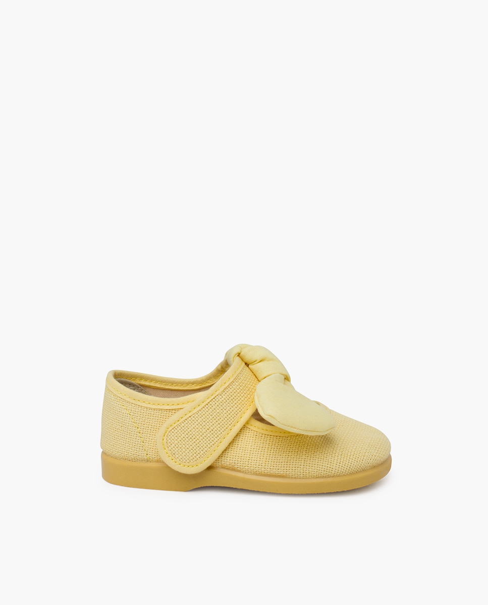 Sapatos de Presilha para Bebé em Linho com Laço e Fecho Amarelo-1
