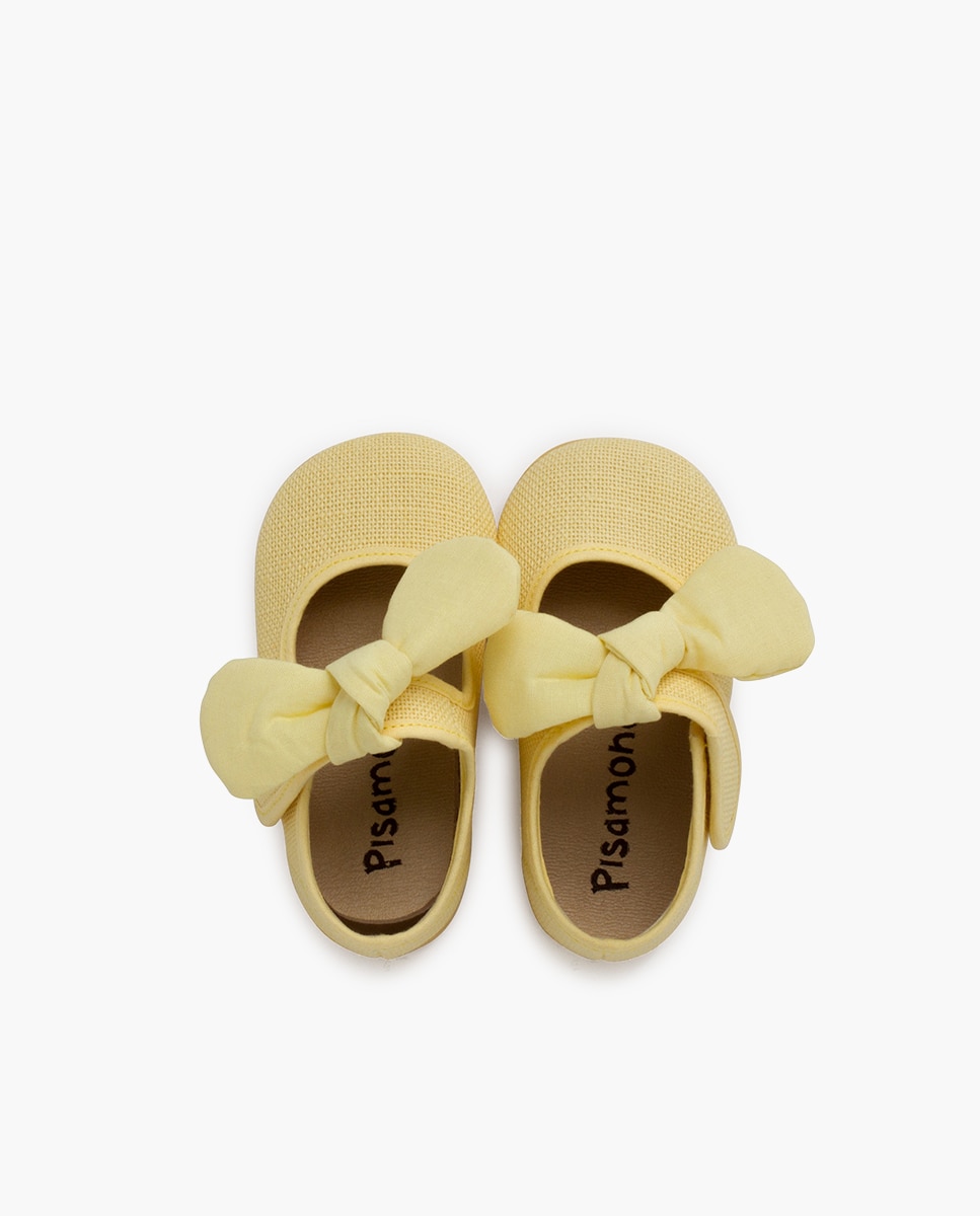 Sapatos de Presilha para Bebé em Linho com Laço e Fecho Amarelo-4