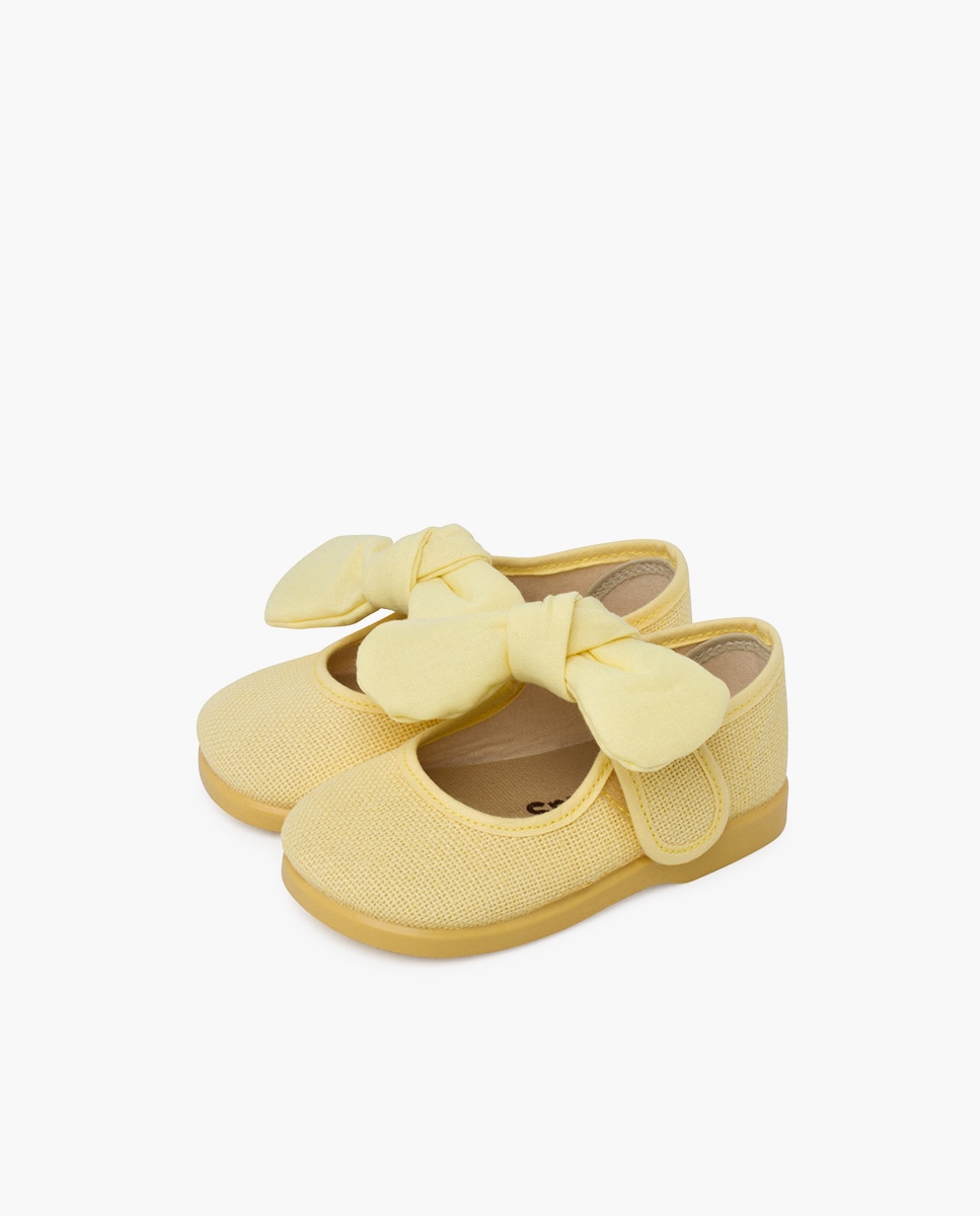 Sapatos de Presilha para Bebé em Linho com Laço e Fecho Pisamonas Amarelo-3